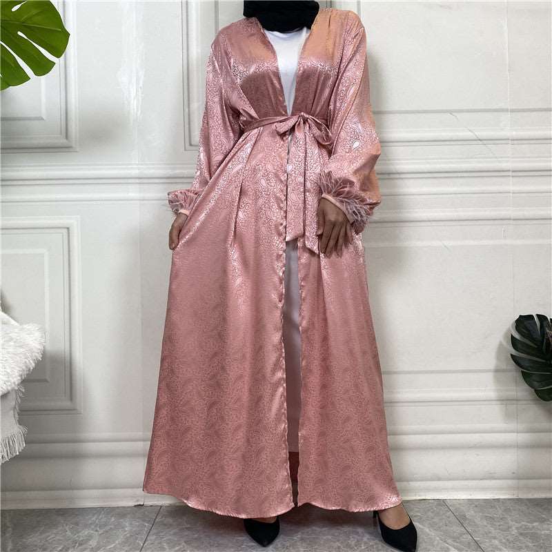 "Pink satin open Abaya/Kimono featuring puff sleeves."