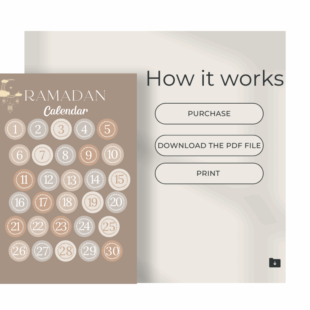 RAMADAN CALENDAR, SUHOOR & IFTAR DUAS- Hallafa. Calendar, Suhoor & Iftar Duas, Ramadan Kareem Poster (A4 Size)
✨ Beautiful Ramadan Printables to Elevate Your Home! ✨
Celebrate the holy month of Ramadan with this elegant 3-piece printable set. Whether you're counting down the days to Eid or seeking spiritual inspiration, these designs bring meaning and organization to your space.
📌 What’s Included?
✅ Ramadan Kareem Poster – A beautifully designed print to set the Ramadan spirit.
✅ Countdown to Eid Calendar 