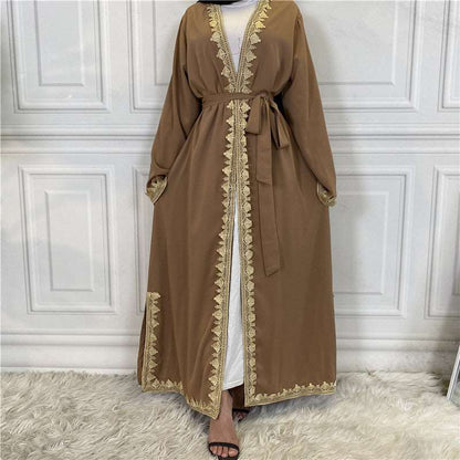  "Brown lace embroidered open abaya kimono"