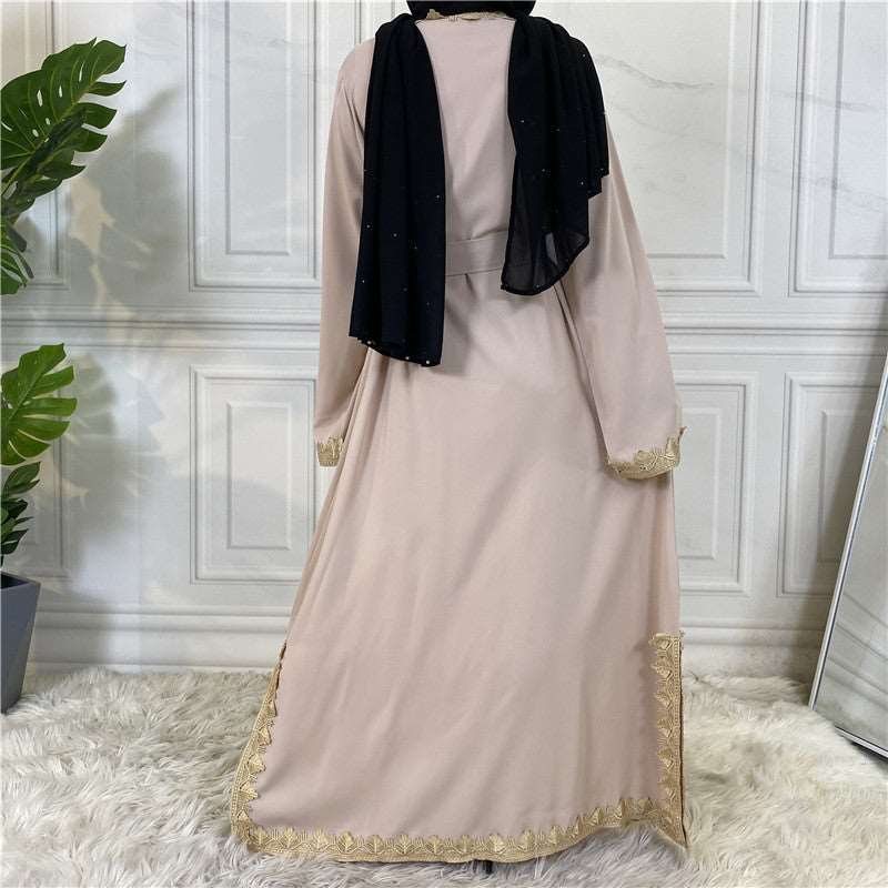 "lace embtpidered open abaya kimono light apricot."