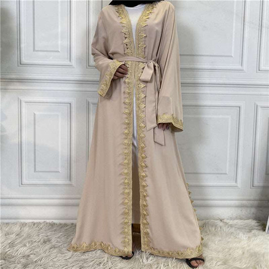 "Light apricot lace embroidered open abaya kimono"