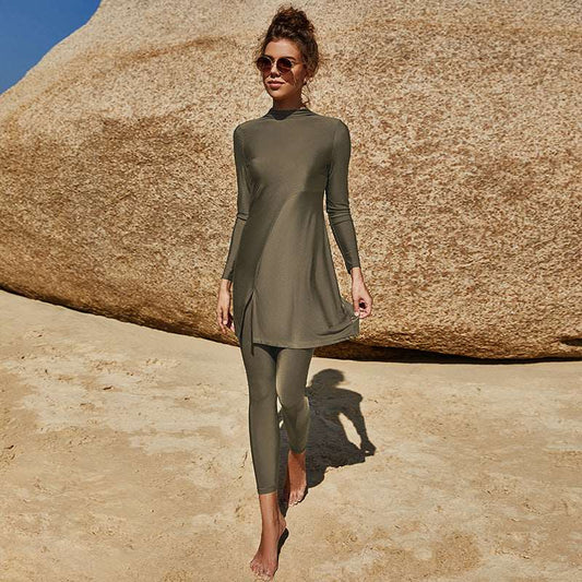 "modest muslim women swimwear, army green tunic and trousers."