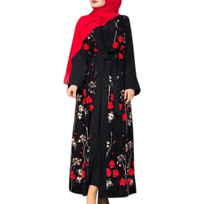 "Black open abaya/kimono with flower details."