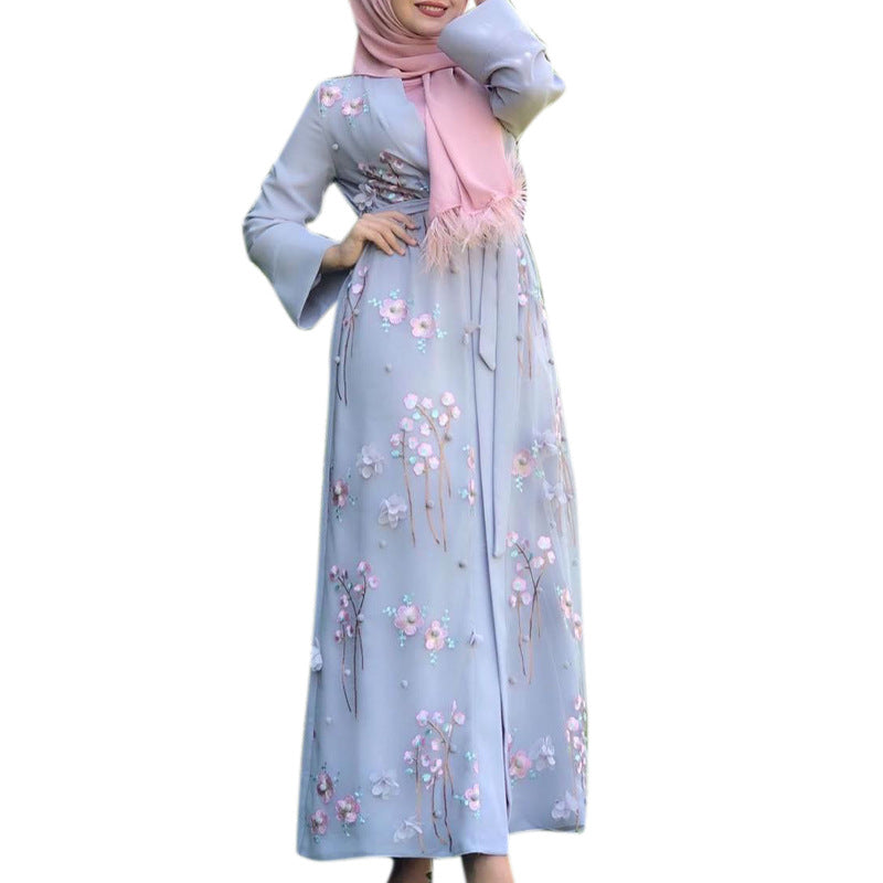 "Light blue Open Abaya/ Kimono with flower details."