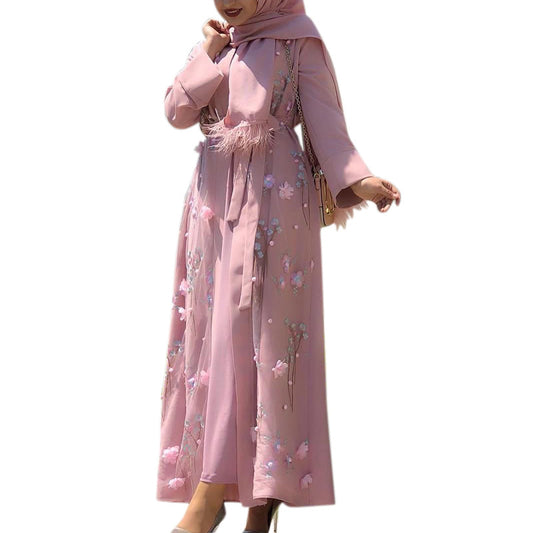 "Pink Open Abaya/ Kimono with flower details."