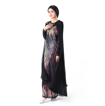 Sequined long evening dress - Hallafa Discover this sequined evening dress, a timeless option for Muslim women to bring to any special event! Its long sleeves add a unique style, not to mention a chiffon cape for a dose of drama.· Main fabric composition: Polyester Size: Note: 1. Please allow 2-3cm differences due to manual measurement. 2.As you know, the different computers display colors differently, the color of the actual item may vary slightly from the following images. #