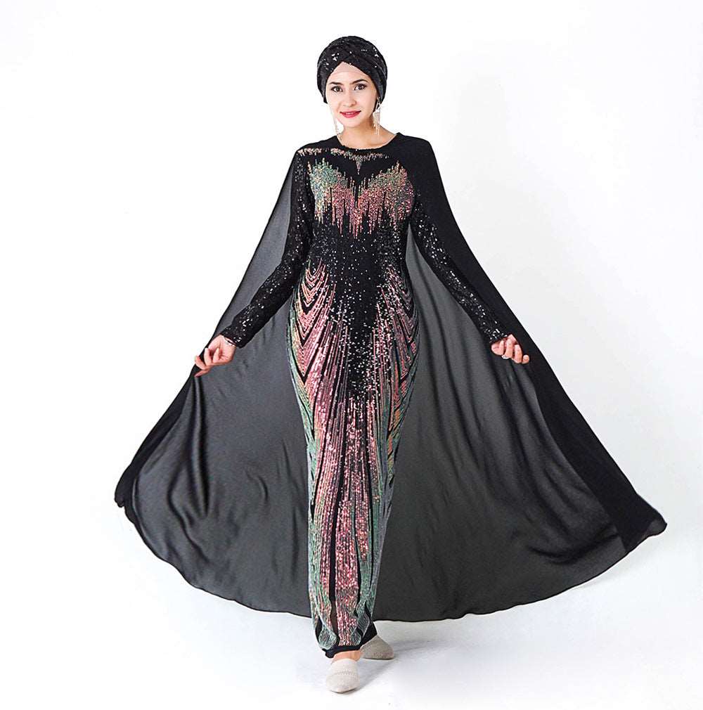 Sequined long evening dress - Hallafa Discover this sequined evening dress, a timeless option for Muslim women to bring to any special event! Its long sleeves add a unique style, not to mention a chiffon cape for a dose of drama.· Main fabric composition: Polyester Size: Note: 1. Please allow 2-3cm differences due to manual measurement. 2.As you know, the different computers display colors differently, the color of the actual item may vary slightly from the following images. #