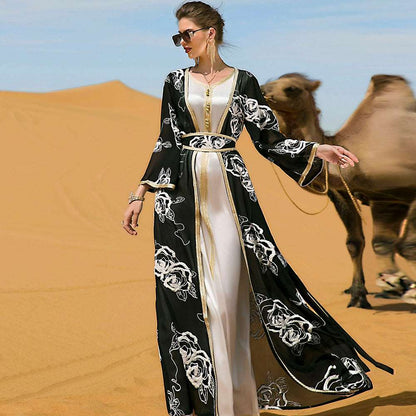 "Black embroidered takchita dress, open abaya with inner dress and belt."