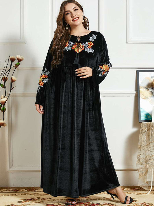 "black Velvet maxi dress/ abaya dress with embroider."