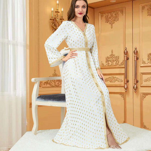 "white elegant abaya robe/ tackhita with golden detail and belt."