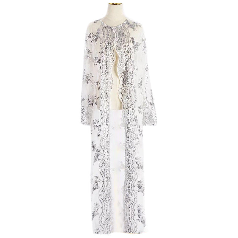 "white sequined tulle kimono/ open abaya."