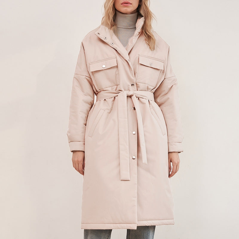 "Women Parka Coat Pink with belt."