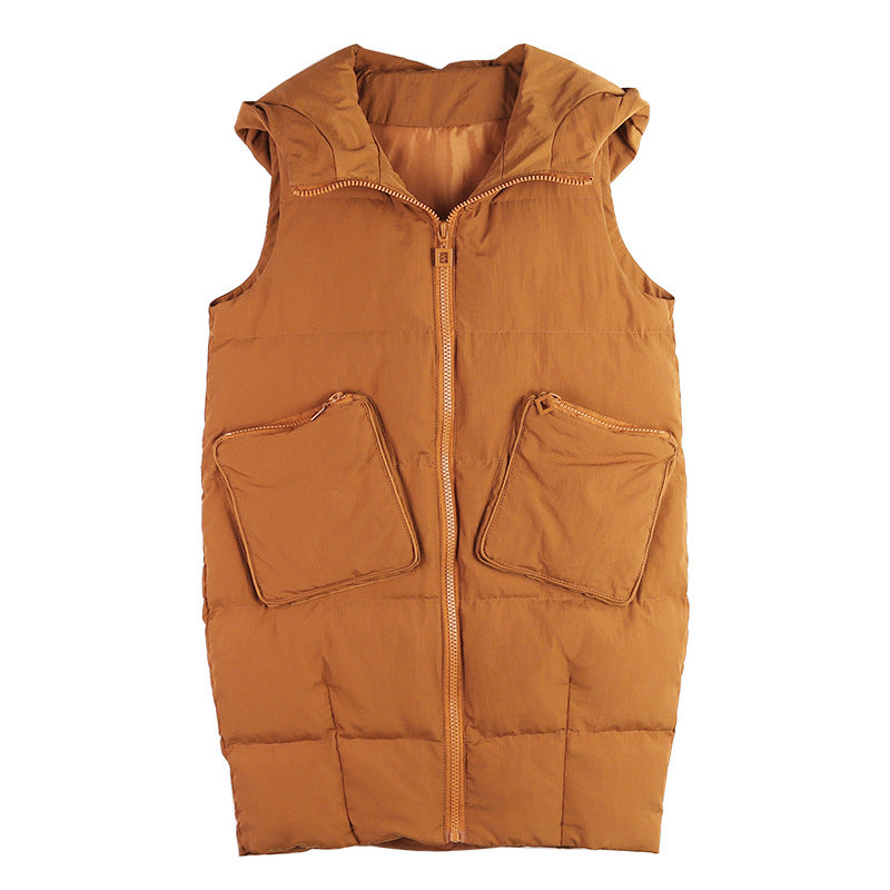 "women brown long vest jacket with hood and pockets. Zip on front."