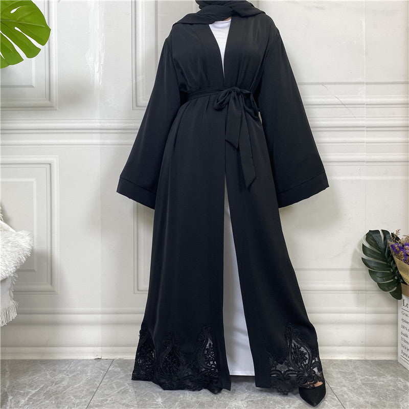 "Black  Open abaya/ kimono solid color, lace on hem, with belt."