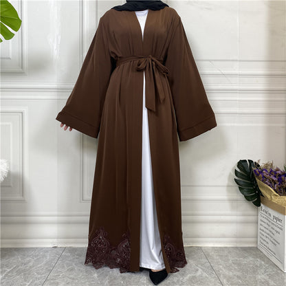 "Dark brown /coffee Pink Open abaya/ kimono solid color, lace on hem, with belt."