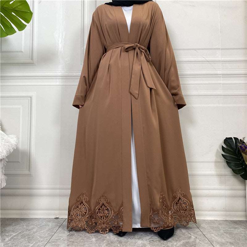 "Brown Open abaya/ kimono solid color, lace on hem, with belt."