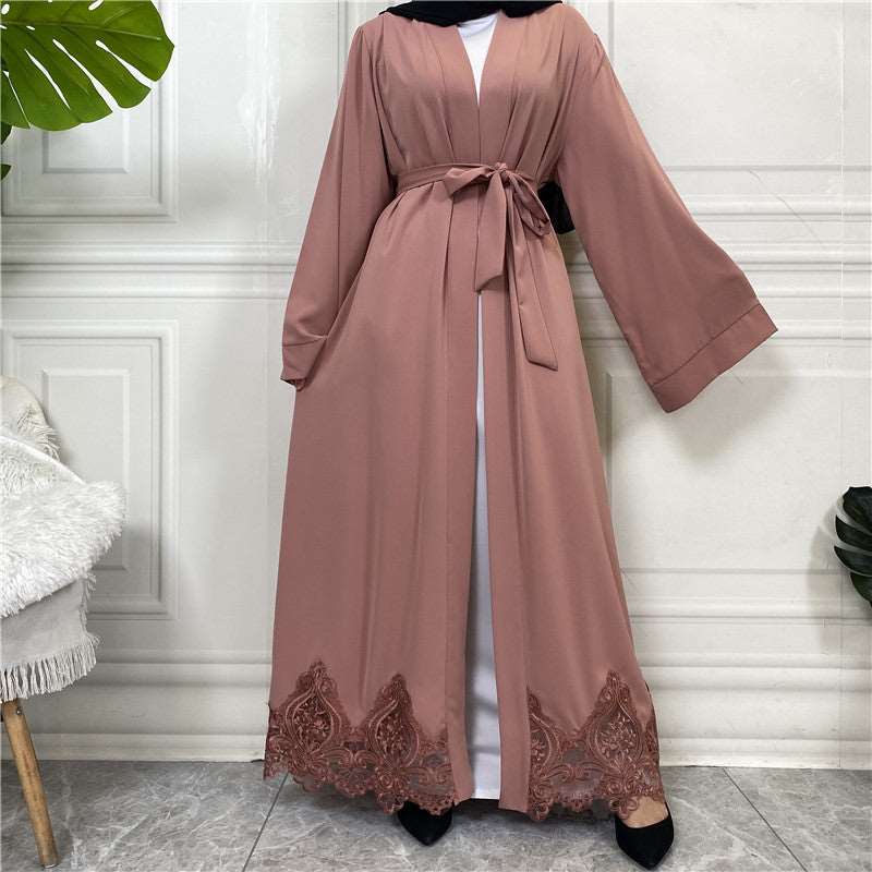 " Pink Open abaya/ kimono solid color, lace on hem, with belt."