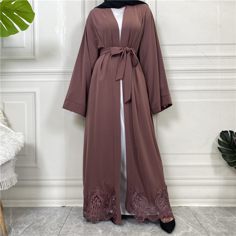 "Purple Open abaya/ kimono solid color, lace on hem, with belt."