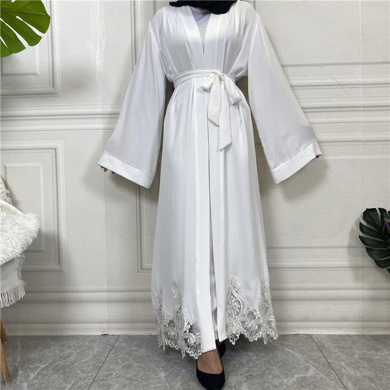 " White Open abaya/ kimono solid color, lace on hem, with belt."