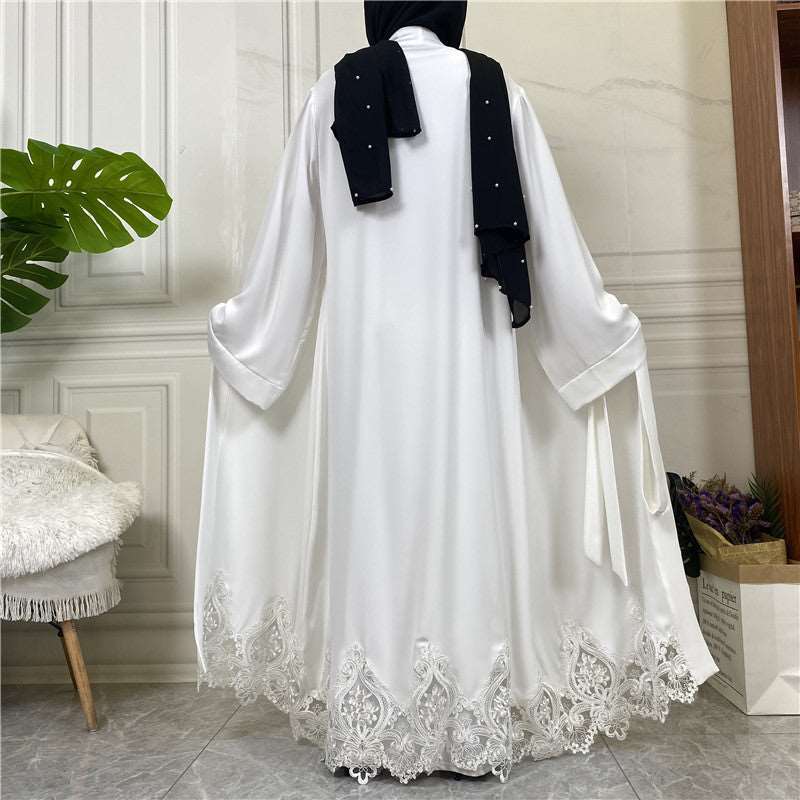 "WhiteOpen abaya/ kimono solid color, lace on hem, with belt."