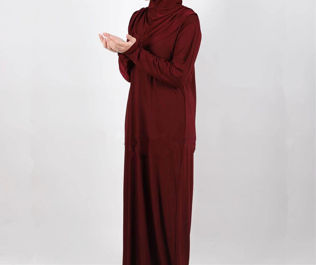 Prayer dress with hijab - Hallafa Slip into stylish serenity with this solid-colored prayer dress, crafted from a comfy stretch fabric that easily fits sizes 36-52. Perfect for Muslim women! Fabric Name : Polyester Fiber Size Information: (CM) Length One size 141 #