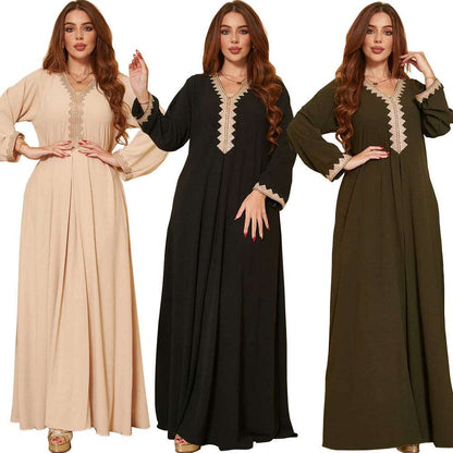 Abaya with embroidery lace stitching - Hallafa This modern closed abaya robe features beautiful embroidery lace stitching around the neckline and sleeves, making it perfect for everyday wear. · Lining composition: Polyester Fiber (polyester) · Main fabric composition: Cotton · Sizes: S-XL #