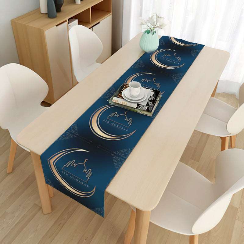 Eid mubarak decorative tablecloth - Hallafa Gather family and friends around the table for memorable Ramadan & 'Eid festivities - Choose from 21 beautiful designs to suit your tastes. · Material: Linen with brushed base. #