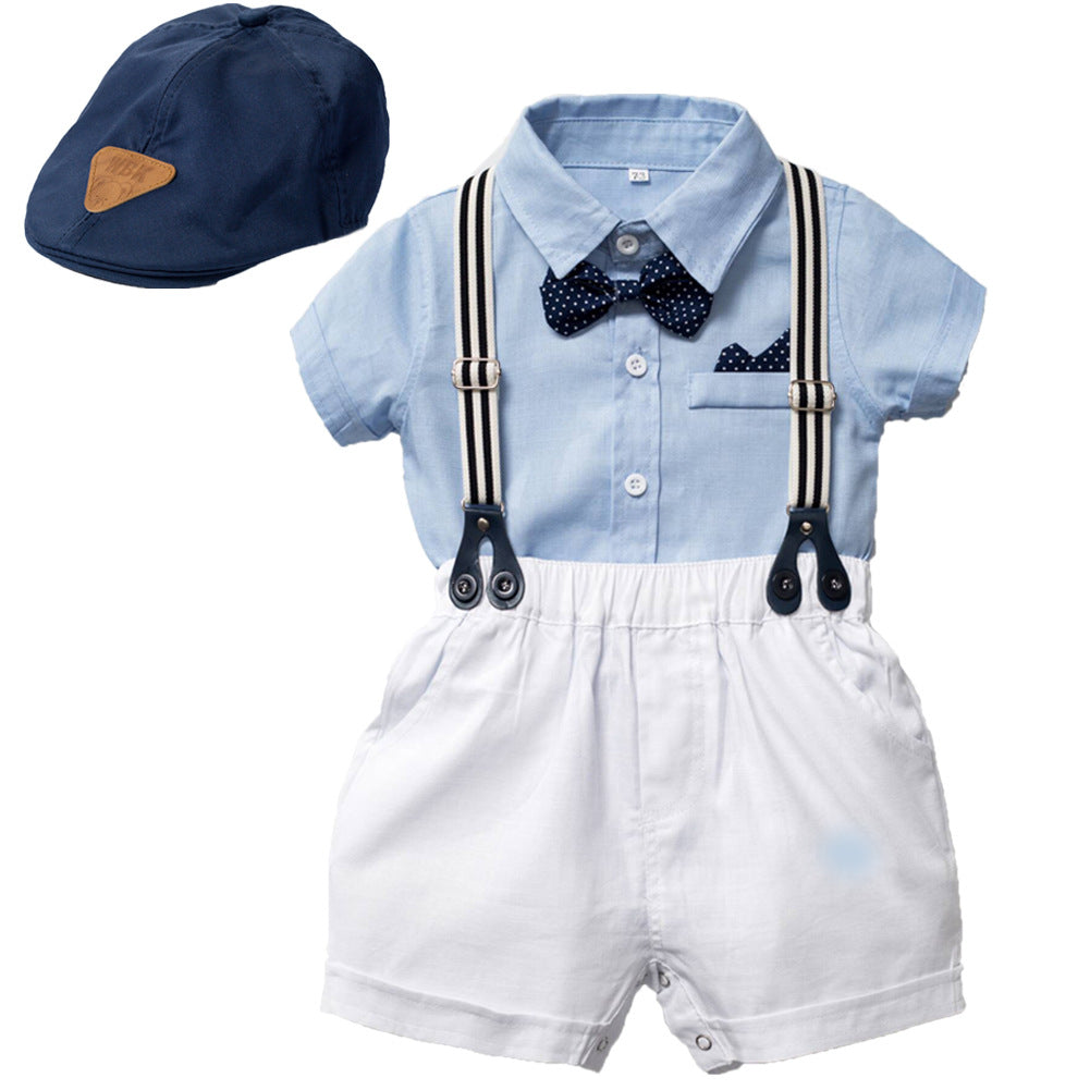 Baby Boy S24 Gentleman 3-piece set - Hallafa Make your newborn little one summer-ready with this Baby Boy S24 Gentleman Set! It includes a t-shirt, shorts, and a cap. Material: Cotton Color: light blue Note: 1. Please allow 2-3cm differences due to manual measurement. 2.As you know, the different computers display colors differently, the color of the actual item may vary slightly from the following images. #