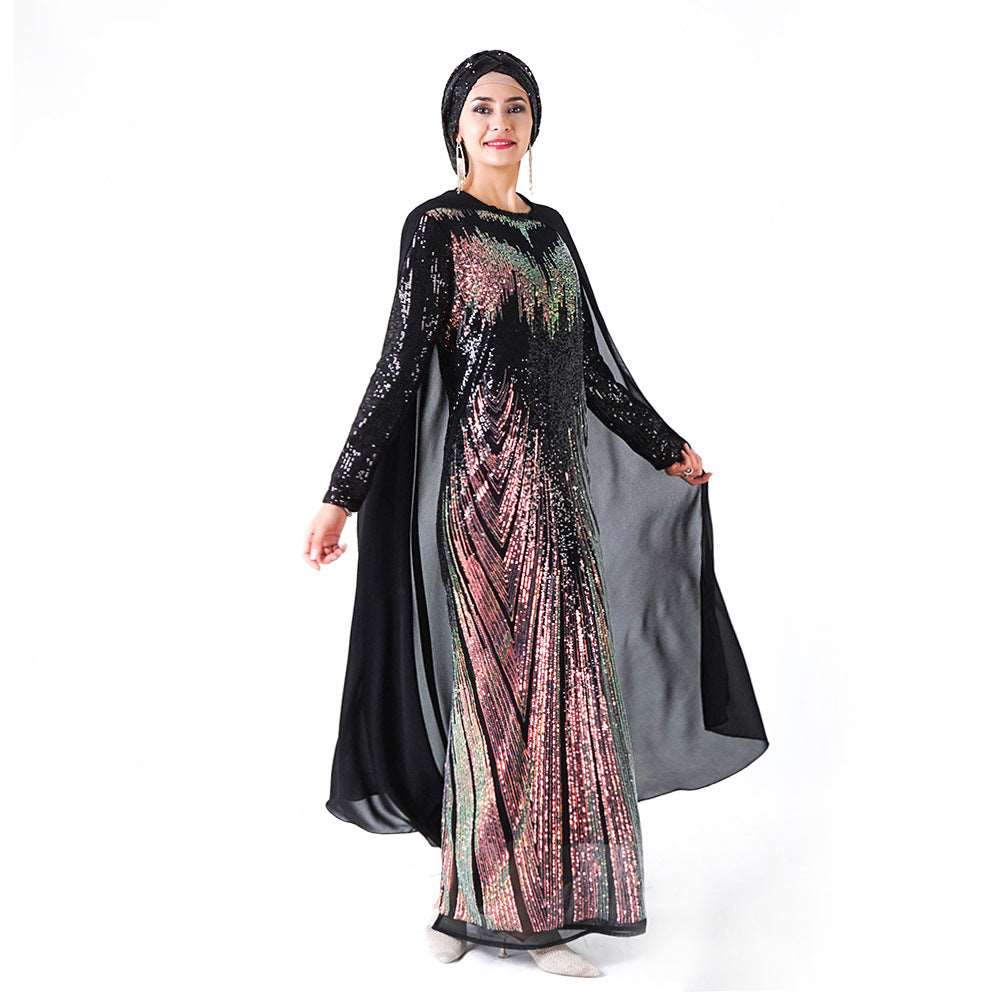 Sequined long evening dress - Hallafa Discover this sequined evening dress, a timeless option for Muslim women to bring to any special event! Its long sleeves add a unique style, not to mention a chiffon cape for a dose of drama.· Main fabric composition: Polyester Size: Note: 1. Please allow 2-3cm differences due to manual measurement. 2.As you know, the different computers display colors differently, the color of the actual item may vary slightly from the following images. #